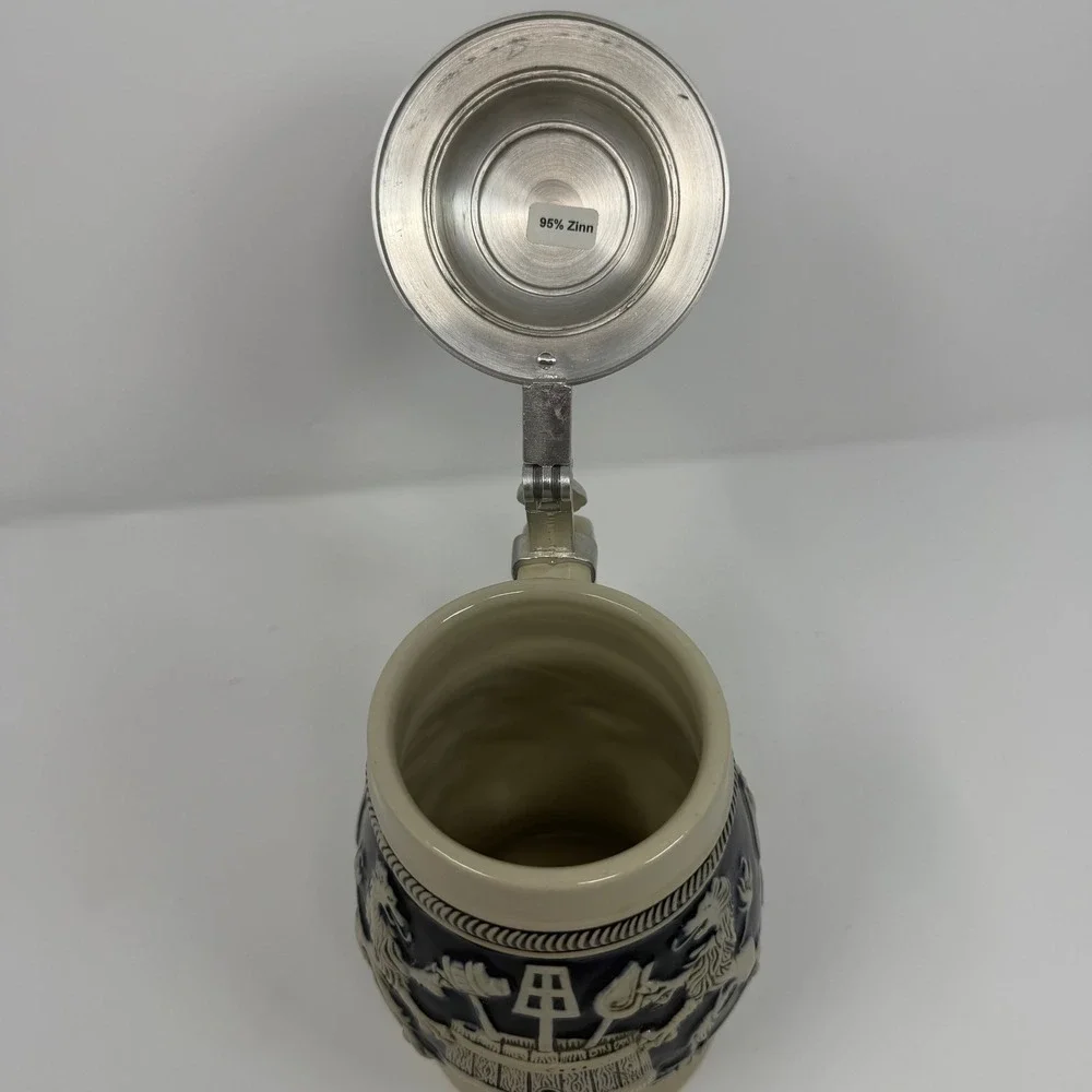 Domex Made in Germany Beer Stein Pewter Lid Ceramic Cobalt Blue Lion Barrel
